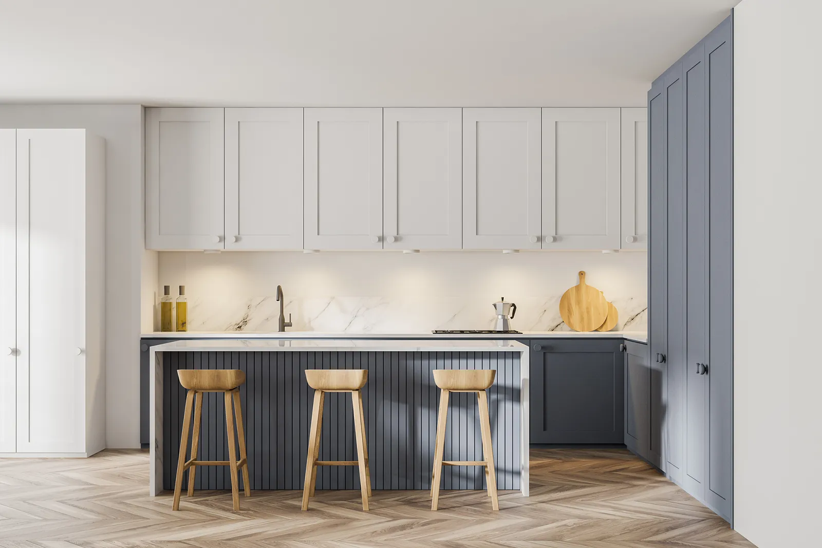 Interior room with a deep blue accent wall showing sprayed finish quality