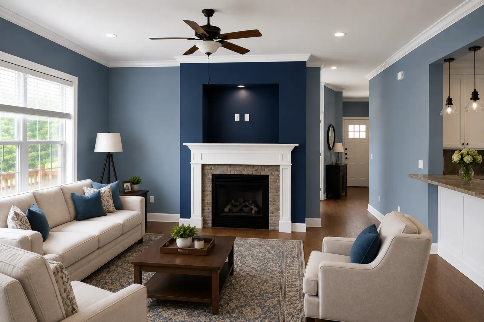 Finished painted room with blue accent wall