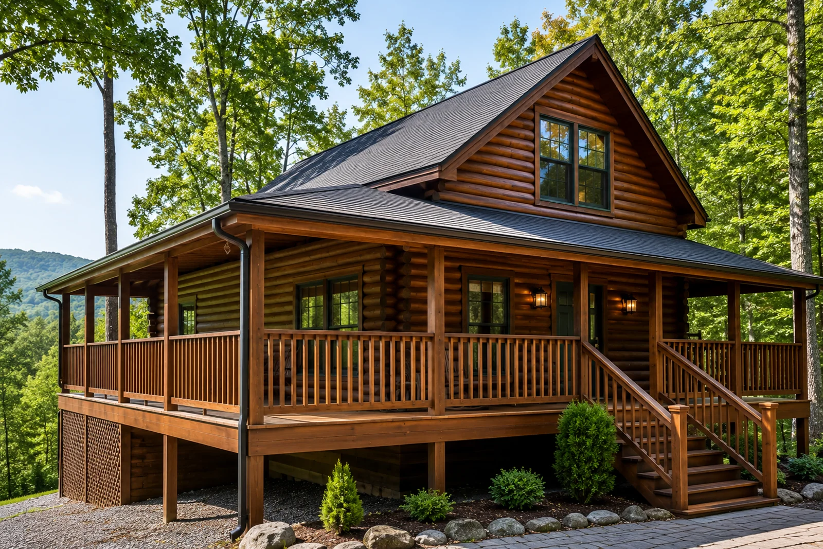 Freshly restained log cabin exterior near Waynesville